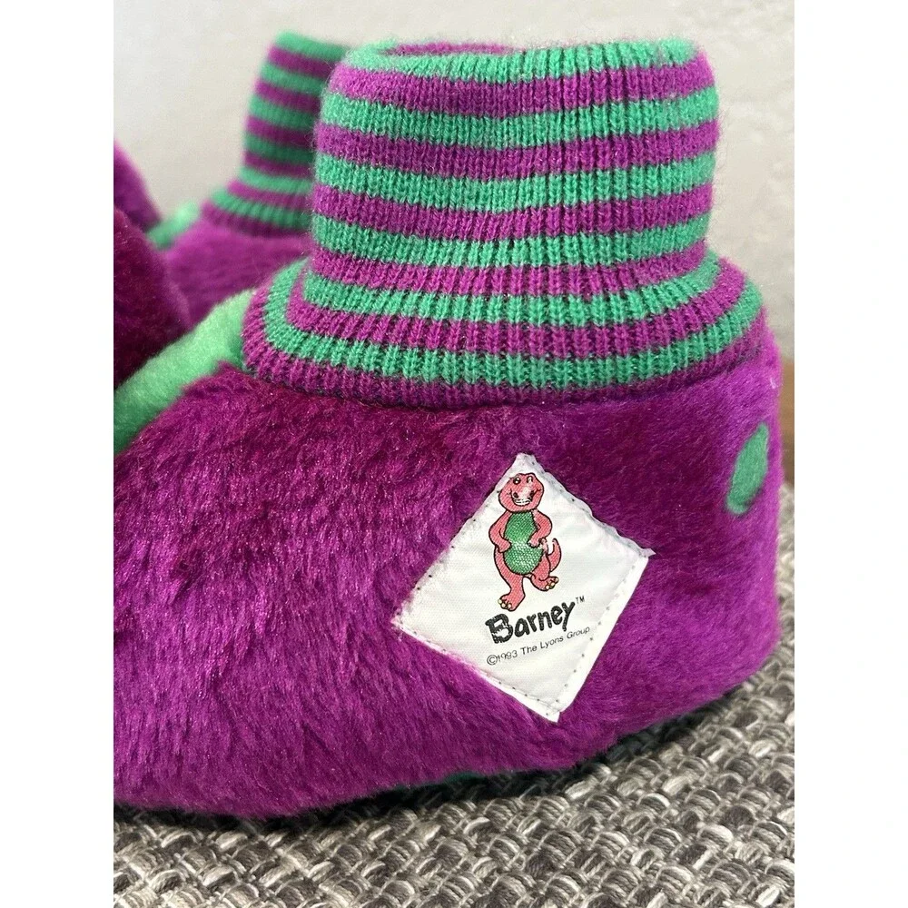 Vintage Barney The Dinosaur Slippers Plush 90s Kids Size 7-8 Purple Green 1993